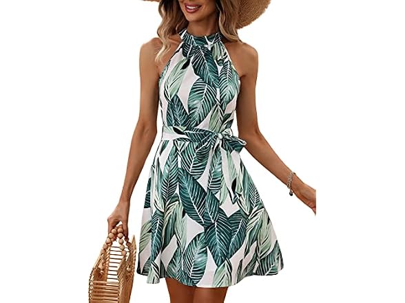 Wdirara Women (L) Boho Tropical Halter Line Dress