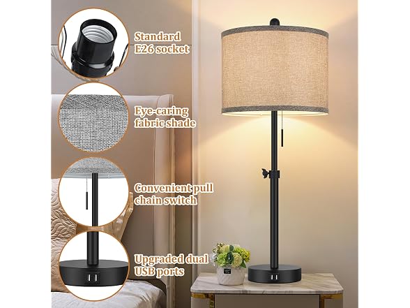 Kondras Table Lamps for Bedroom Set of 2, Grey Shade
