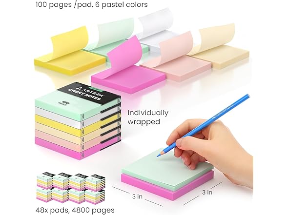 ARTEZA Sticky Notes 3x3 inches, 48 Sticky Pads