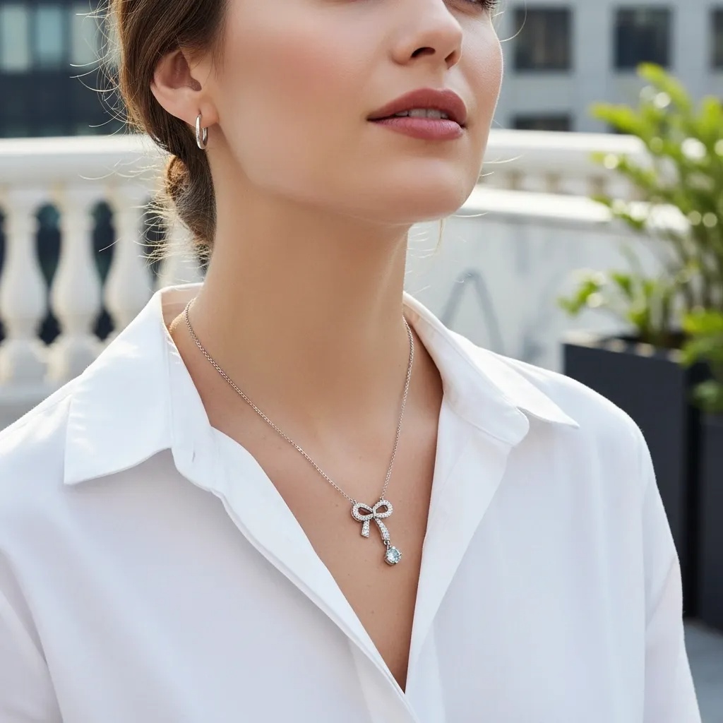 Bow Drop Turquoise Moissanite Necklace - Gallery 6