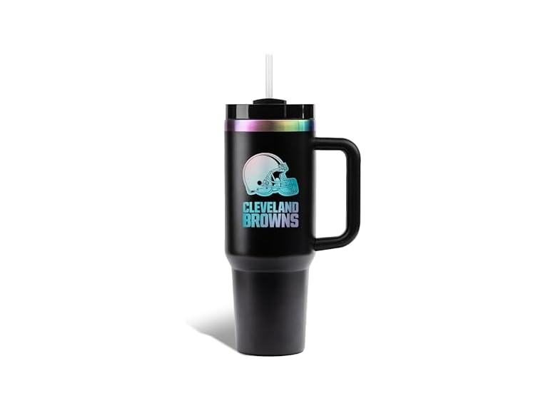 The Memory Company Officially Licensed NFL 40oz Iridescent Laser Etched Logo Tumbler with Handle, Double-Wall Vacuum Insulated Stainless Steel, Hot & Cold Drink Travel Cup, Leak-Proof Lid, Team Logo