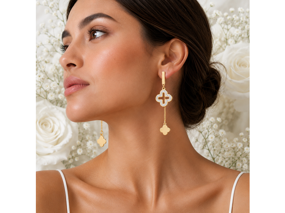 18K Gold CZ Clover Drop Earrings