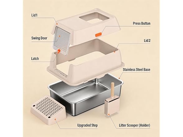 CatbruLop Stainless Steel Litter Box with Lid, Cream