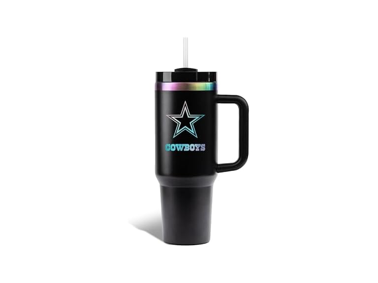 The Memory Company Officially Licensed NFL 40oz Iridescent Laser Etched Logo Tumbler with Handle, Double-Wall Vacuum Insulated Stainless Steel, Hot & Cold Drink Travel Cup, Leak-Proof Lid, Team Logo