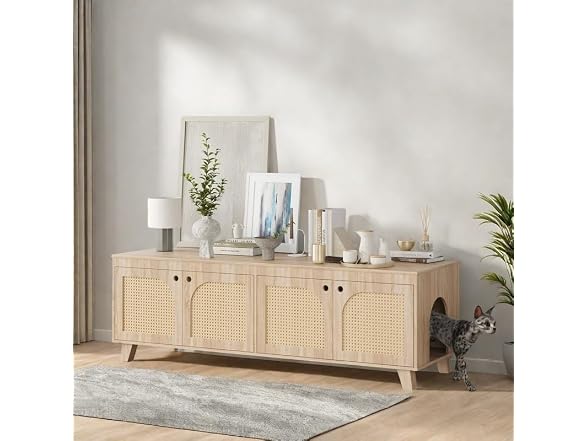 FONTOI Rattan Cat Litter Box Enclosure with Decorated Doors