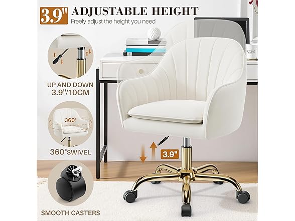 BestEra Vanity Chair with Wheels, Comfy Home Office Desk Chairs Adjustable Modern Velvet Makeup Vanity Chairs for Bedroom Living Room-Beige (Open Box)