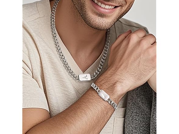 men's silver initial necklace bracelet