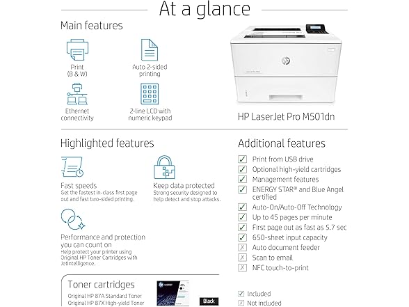 HP LaserJet Pro M501dn Duplex Printer with One-Year, Next-Business Day, Onsite Warranty (J8H61A) (Open Box)
