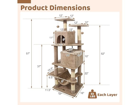 DORTALA 57" Tall Cat Tree, Multi-Level Cat Tower