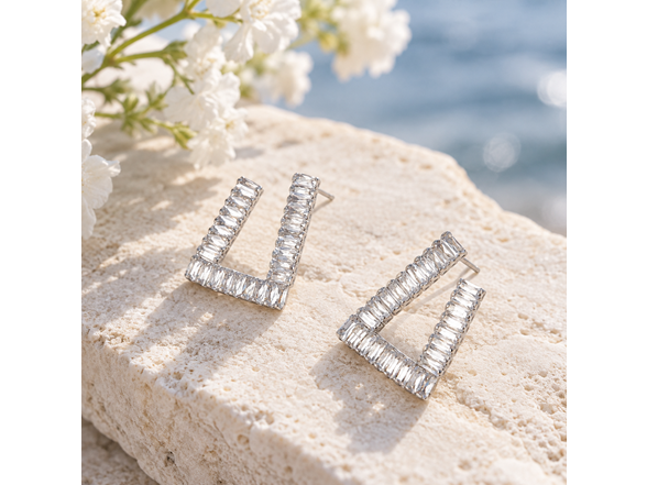 Silver V Shape CZ Stud Earrings