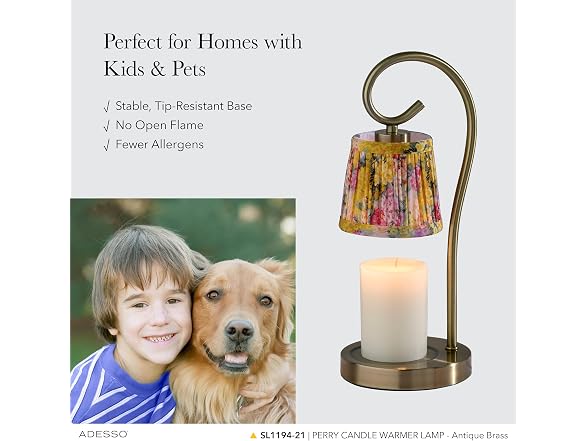 Adesso Candle Warmer Lamp, Antique Brass & Floral Shade