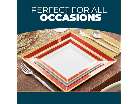 White Square Plastic Dinner Plates with Red Rim - 10.25" (Pack of 10) 