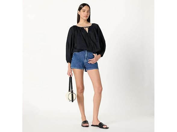 The Drop Women Shirred Neck Cotton Bubble Hem Top