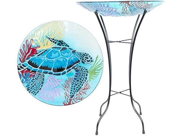 Alpine Corporation 26" Tall Outdoor Glass Turtle Accent Birdbath