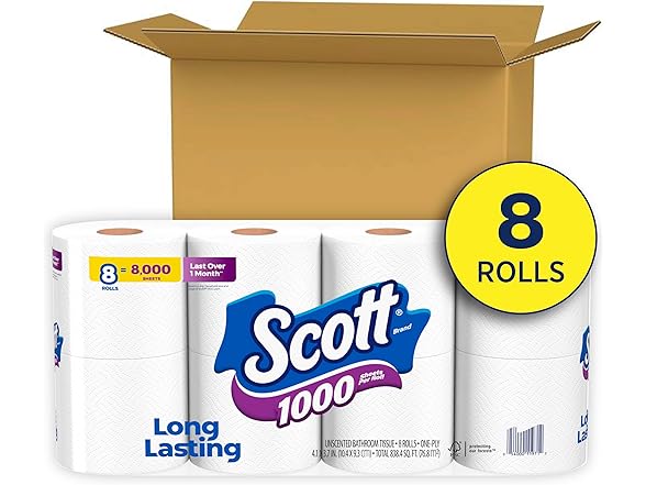 Scott 1000 Sheets Per Roll, 8 Toilet Paper Rolls