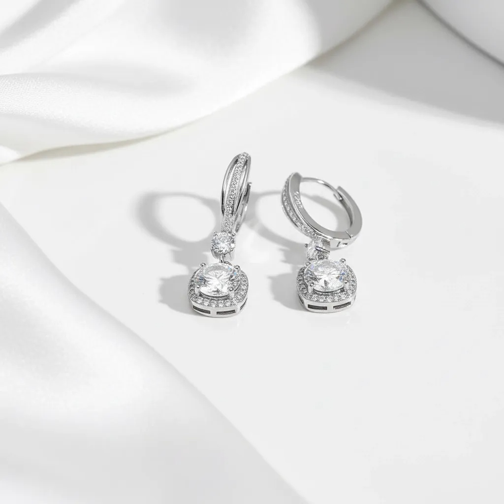 Moissanite Halo Drop Huggie Earrings - Gallery 7