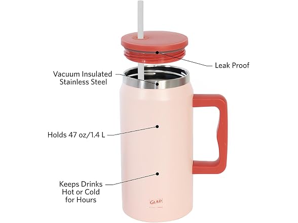 Glad Pioneer Stainless Steel Tumbler with Lid and Straw, 47oz, Rust