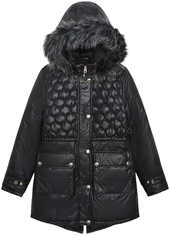 LONDON FOG Girls' Zip-Front Mid Cinch Quilted Parka with Cozy Trimmed Hood, Black