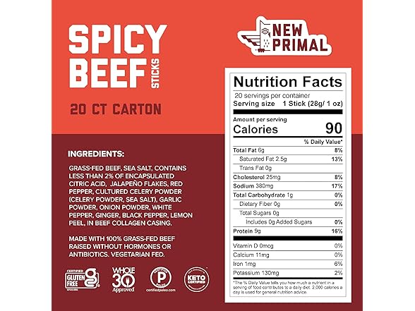 New Primal Spicy Beef Sticks, 20ct