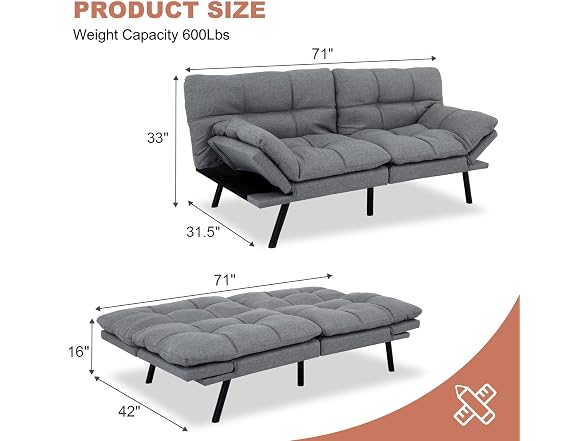 MUUEGM 71" Futon Sofa Bed, Memory Foam