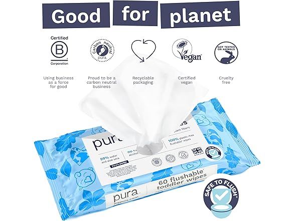 Pura Flushable Toddler Wipes 1 x 60 Wipes