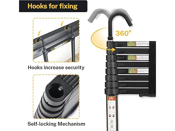 RIKADE Telescopic Ladder, 6.5 ft Aluminum Telescoping Ladder with Non-Slip Feet and Stable Hook, Portable Extension Ladder for Household and Outdoor Working, Max Load 330 lb, Black (Open Box)
