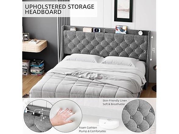 GAOMON Queen Bed Frame w/Charging Station