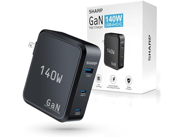 Sharp 140W GaN Foldable 3-Port USB-C Charger