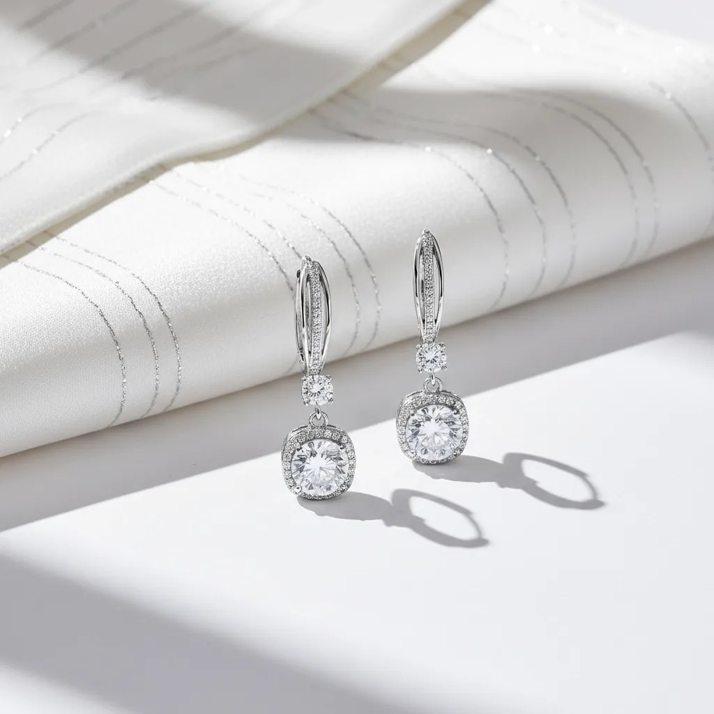 Moissanite Halo Drop Huggie Earrings - Gallery 10