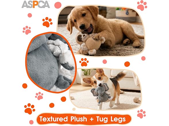 ASPCA 2 Pack Plush Dog Toy with Squeaker Elephant & Sloth