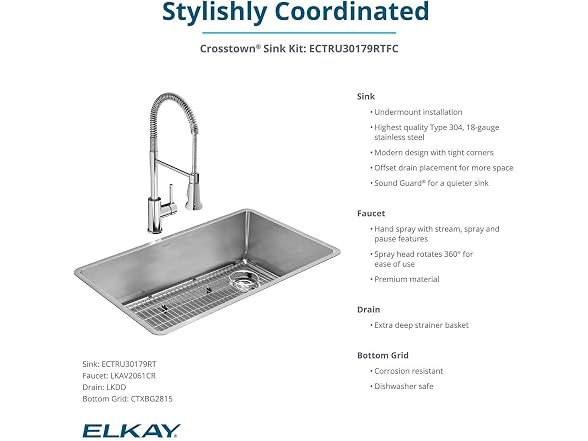 Elkay Crosstown 18 Gauge SS 31.5" Sink Kit w Faucet