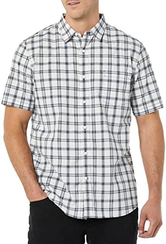 Amazon Essentials Men's Slim-Fit Short-Sleeve Poplin Shirt, Navy White Plaid, XX-Large