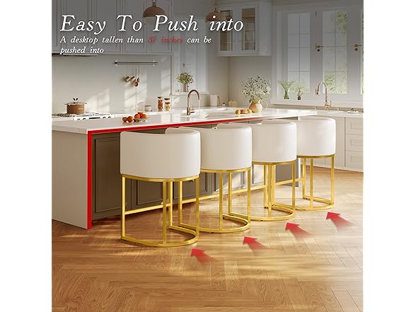 LVHOMLAX Modern Counter Height Bar Stools,Bar Stools Set of 3,Faux Leather Upholstered Barrel Barstools with Backs,26'' Kitchen Island Chairs,Gold Metal Frames,Beige White Leather (Open Box)