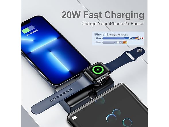 Wireless Watch Charger w/Built-in Foldable USB-C & Lightning Connectors for Phones