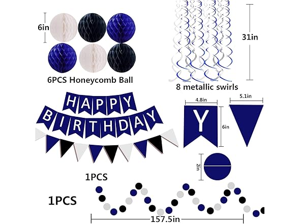 FECEDY Navy Blue White Black Happy Birthday Decor