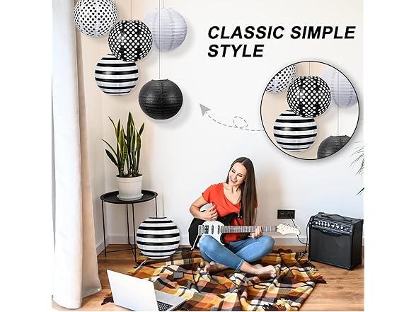 12 Paper Lanterns Black & White 12 Pcs