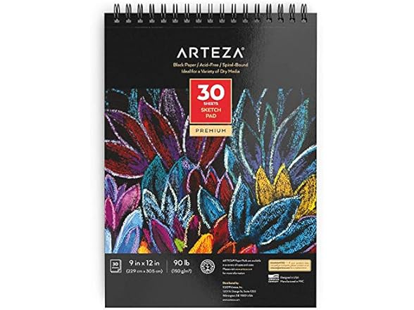 ARTEZA Spiral Sketch Book 9x12 Black Art Paper Draw