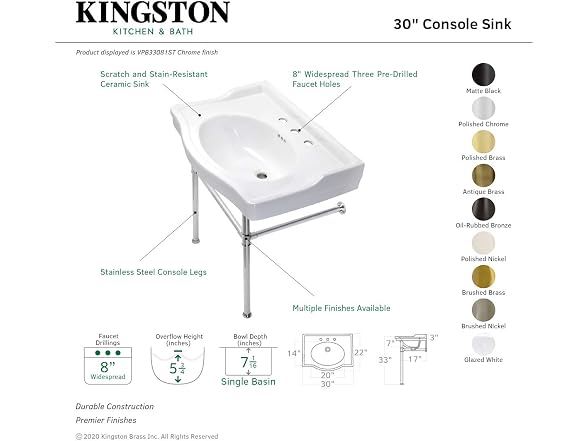 Kingston Brass 30" Ceramic Console Sink, White/Brushed Nickel