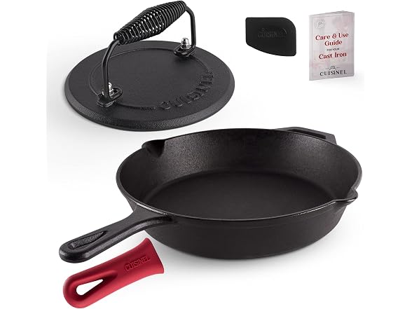 Cast Iron Skillet + Grill Press Set 12"