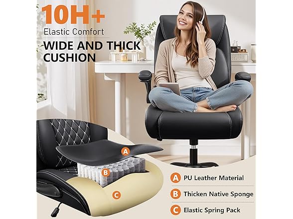 BESTFAIR Office Chair, Ergonomic Computer Desk Chairs with Lumbar Support for Lower Back Pain Relief, Executive Leather Home Chair Comfy with Padded Flip-up Armrests, Black (Open Box)