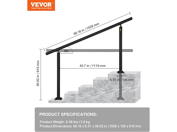 Outdoor Stair Railing Kit, 5 FT Handrails 0-5