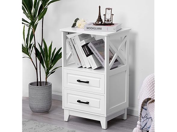 RoyalCraft 30" Tall Nightstand, Modern Painted Bedside Table with 2 Drawers and Open Shelf, Wood Side Table for Bedroom, Home Office, White-Open Shelf Above, Set of 2 (Open Box)