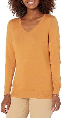 Amazon Essentials Women's Classic-Fit Lightweight Long-Sleeve V-Neck Sweater,Mustard Heather, Small