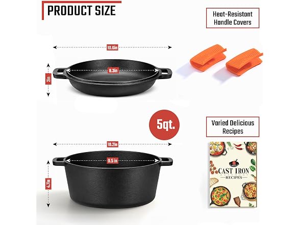 Overmont 5QT Cast Iron Double Dutch Oven