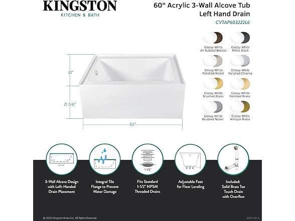 Kingston Brass Alcove Tub Combo,Glossy White/Brushed Brass
