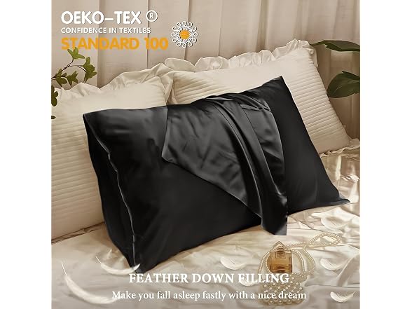 BHZ Black Satin Goose Feather King Pillow
