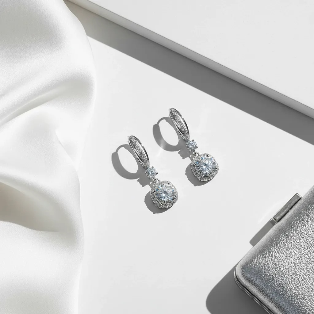 Moissanite Halo Drop Huggie Earrings - Gallery 9