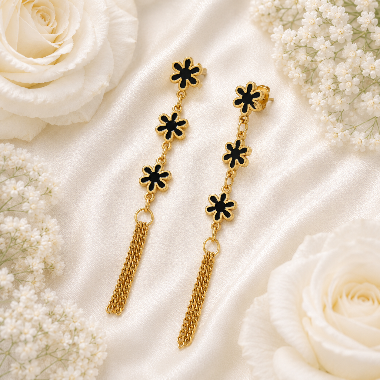 18K Gold Black Flower Tassel Earrings - Gallery 6