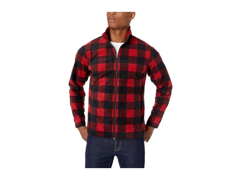 Amazon Essentials Men's Full-Zip Fleece Jacket (Available in Big & Tall), Black Red Buffalo Plaid, Medium