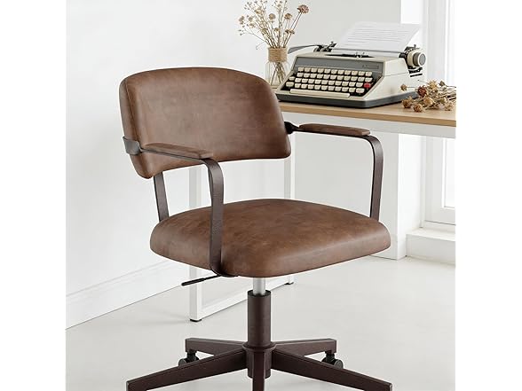 BERYTH Home Office Desk Chair, Mid-Century Modern Desk Chair with Padded Arms, Adjustable Seat Height, Mid Back 360° Small Computer Chair with Mobile Mute Wheel, PU Leather (Brown) (Open Box)